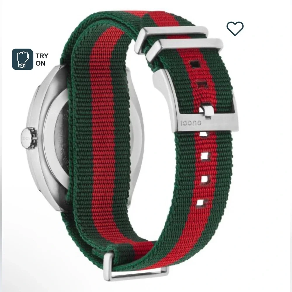 Gucci Black Dial Stainless Watch with Green and Red Nylon Strap